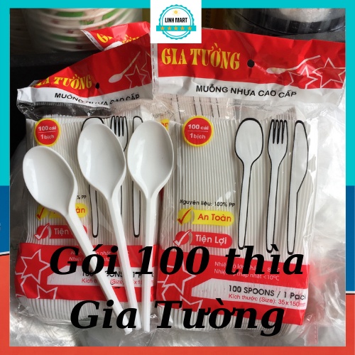 Thìa nhựa Gia Tường gói đủ 100 chiếc, Thìa nhựa dùng một lần LINHMART