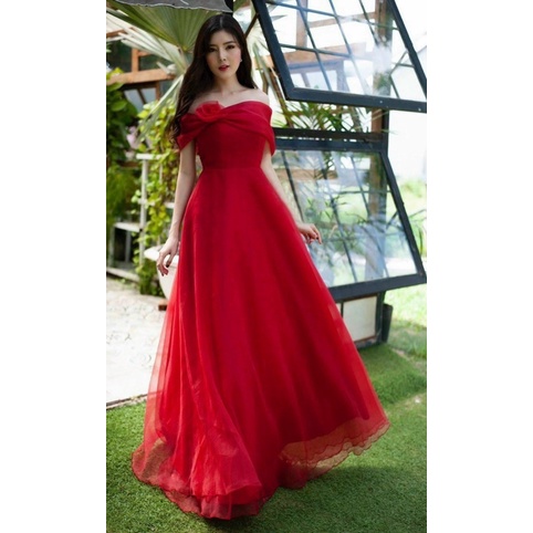 Đầm maxi xòe mặc cưới nhẹ nhàng bẹt vai phối hoa hồng TRIPBLE T DRESS - size S/M/L - MS30Y