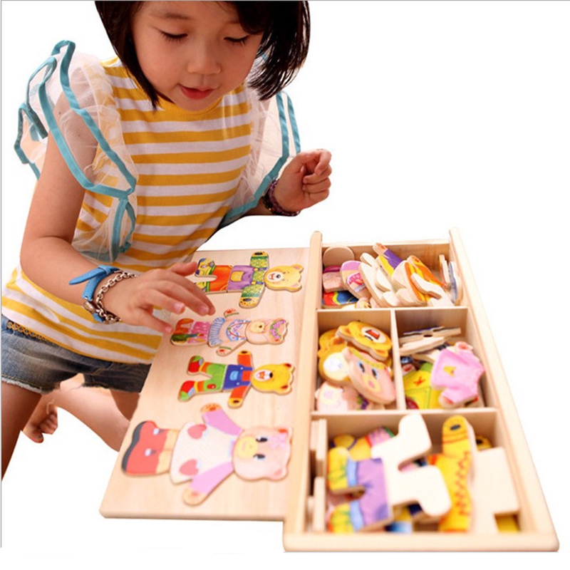 đồ chơi xếp gỗ mô hình thay đồ cho gia đình gấu teddy cho bé sáng tạo