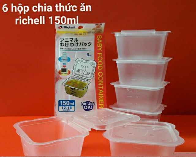 Bộ 6 hộp chia thức ăn dặm hình thú Richell - 150ml / hộp