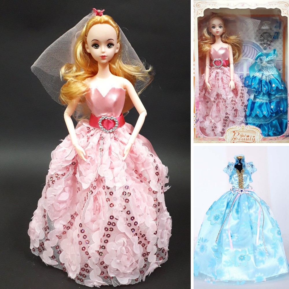 Đồ chơi Búp bê Barbie cô dâu cho bé, có 12 khớp, kèm đầm công chúa, phụ kiện giày, vương miện, cao 30cm