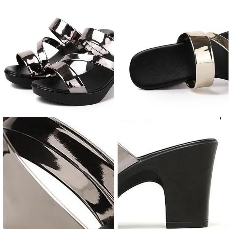 Big Size 35-42 Xăng đan cao gót hở mũi đế dày bằng da bóng thời trang