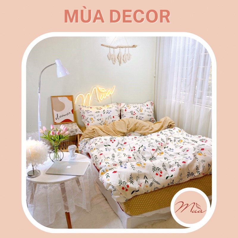 Bộ chăn ga và vỏ gối cotton poly Mùa Decor - Mẫu hoa nhí vàng ga chấm bi