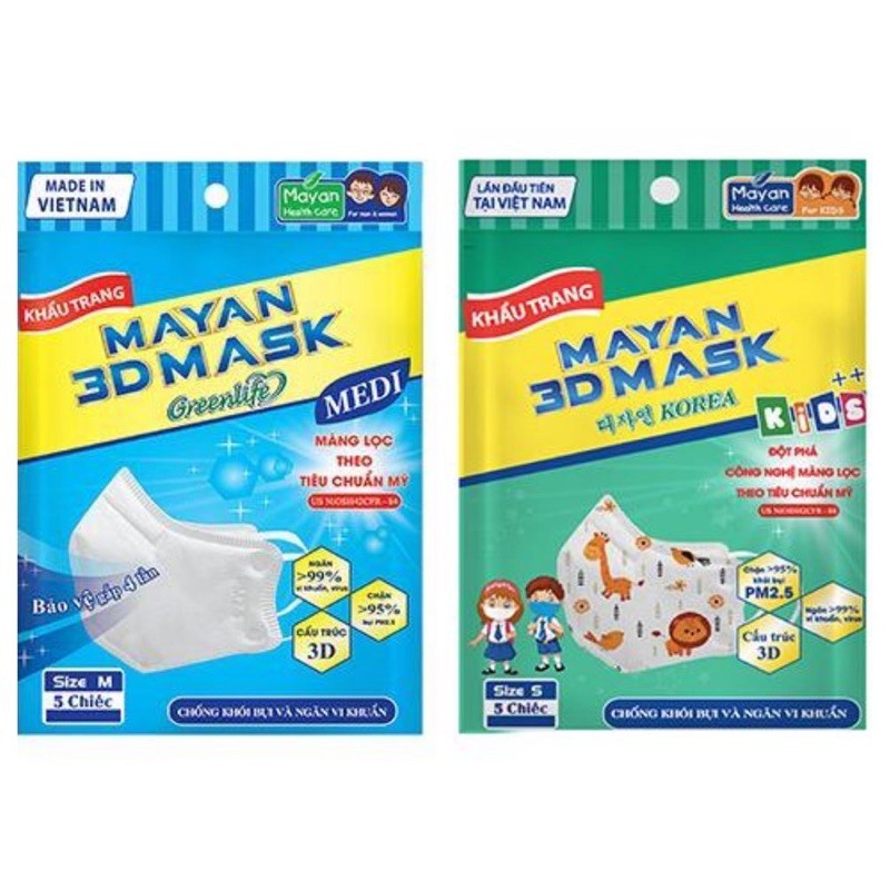 Khẩu Trang Kháng Khuẩn PM2.5 Mayan 3D Mask - Gói 5 Cái Màu Sọc Xanh, Trắng (Màu Ngẫu Nhiên)