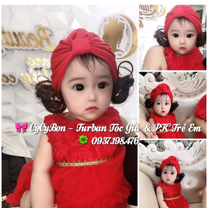 [Free Ship + Hoàn Xu] Nón Turban Cho Bé Vải Thun Cotton Kèm Tóc Giả- Size Từ Sơ Sinh