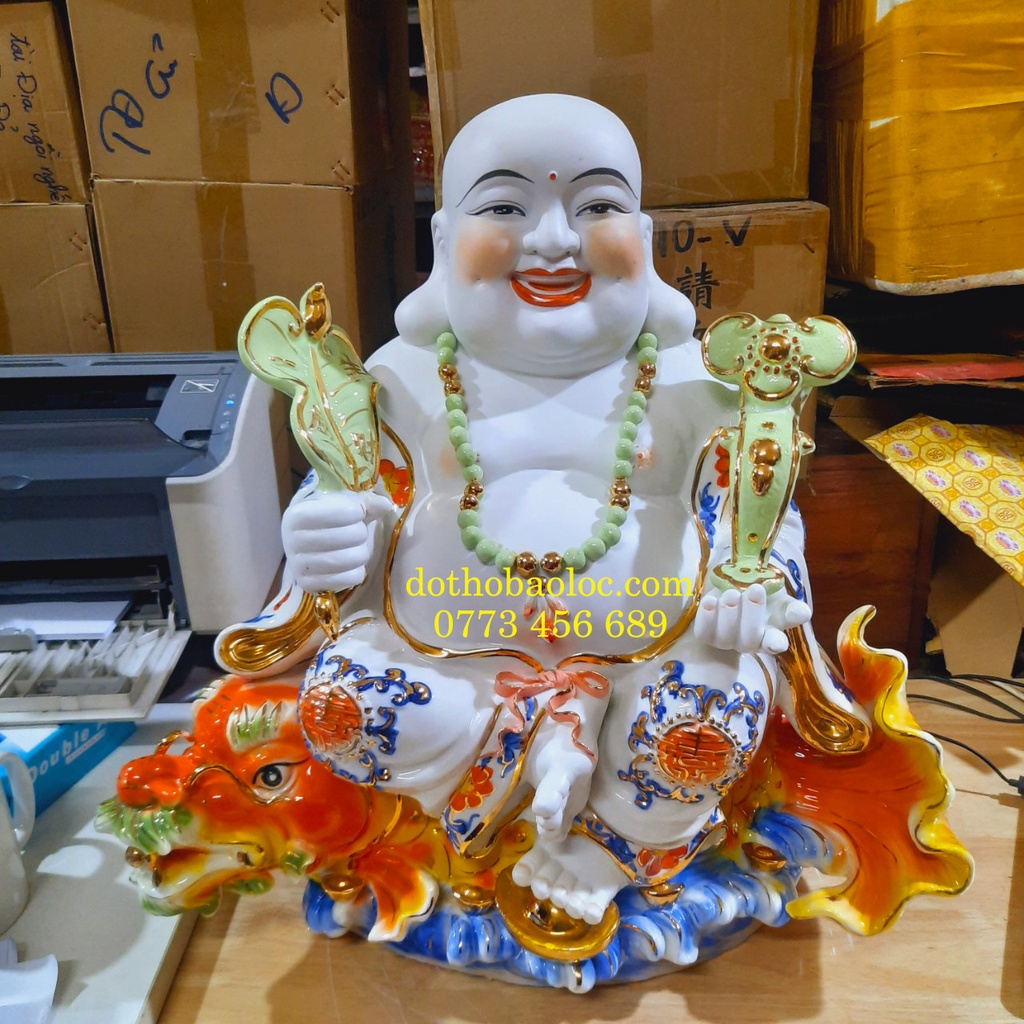 Tượng Di Lặc men sứ ngồi trên cá chép hóa rồng cao 53cm ( Tôn Phật Di lặc )