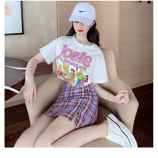 SET ÁO THUN HOẠT HÌNH VÀ CHÂN VÁY TÍM KẺ SỌC - ORDER BIGSIZE