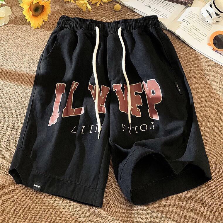 Quần short kaki gấu chữ V in chữ unisex - Sooc đùi thể thao cạp chun ống rộng, thiết kế phối dây rút trẻ trung năng động