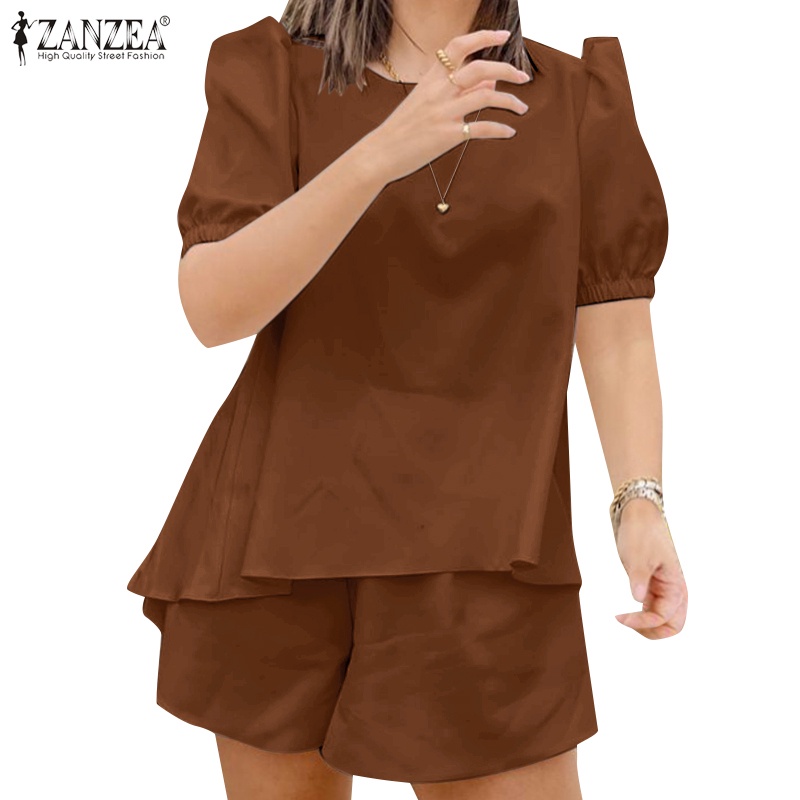 Set trang phục ZANZEA áo kiểu tay ngắn phồng cổ tròn và quần đùi lưng thun thời trang dành cho nữ