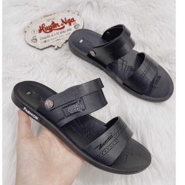 Dép da nam loại tốt hãng niềm tin đế thấp 2 màu nâu đen