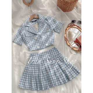 SET ÁO VEST BỐ CROPTOP + CHÂN VÁY CARO XẾP LI [còn hồng]