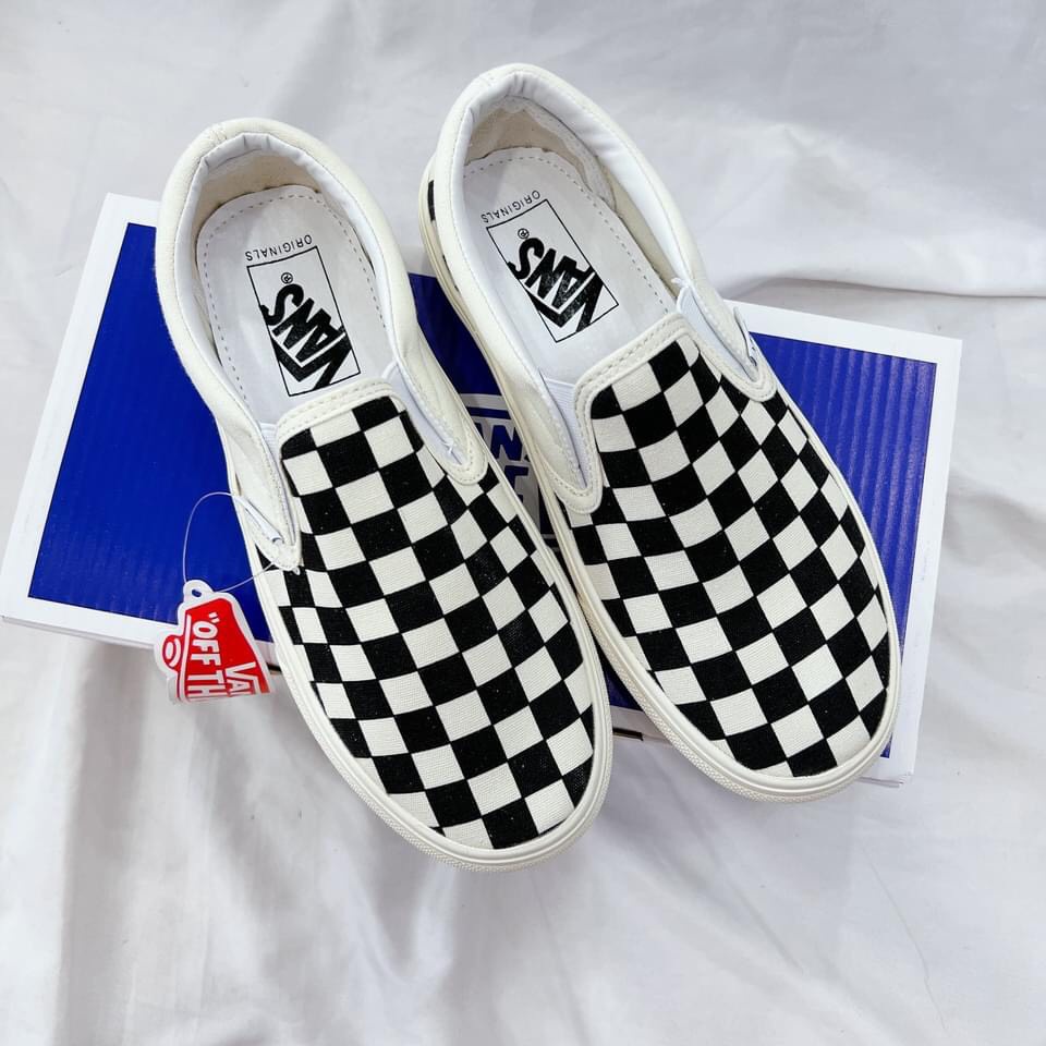 Giày thể thao Vans dán đen trắng fog Classic Slip On, Giày Van Caro lười Đen trắng Full Box Bill buộc dây