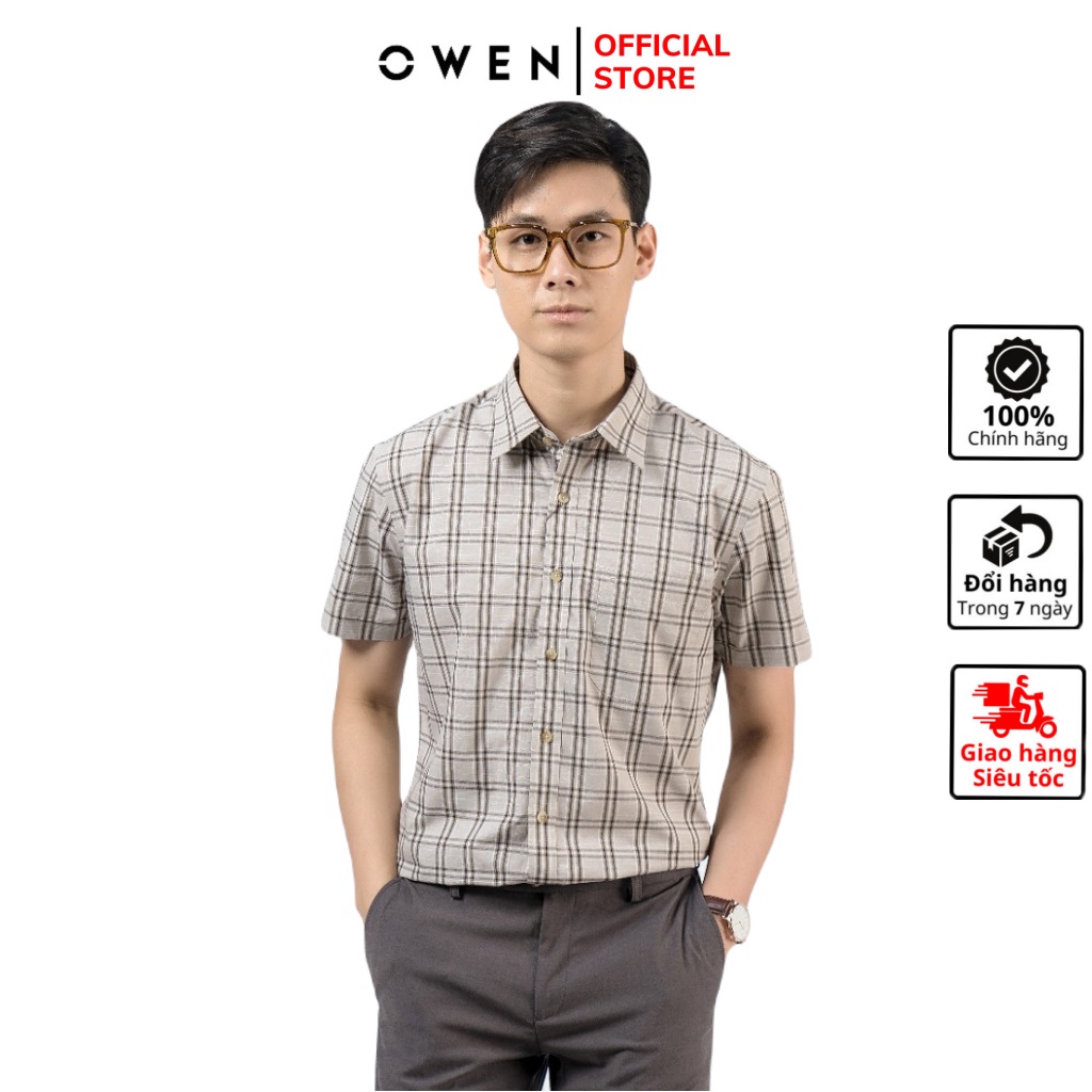 Áo sơ mi nam ngắn tay OWEN AR220128NT somi công sở vải sợi tre cao cấp màu caro nâu trắng ghi dáng suông tà lượn có túi