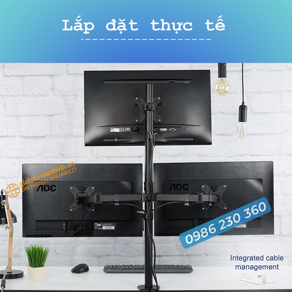 Giá Treo Màn Hình M053 Cao Cấp Hỗ Trợ Treo 3 Màn 17-27 Inch / Tải Trọng 8Kg - Trụ 80Cm  - Lắp Đặt Kẹp Bàn