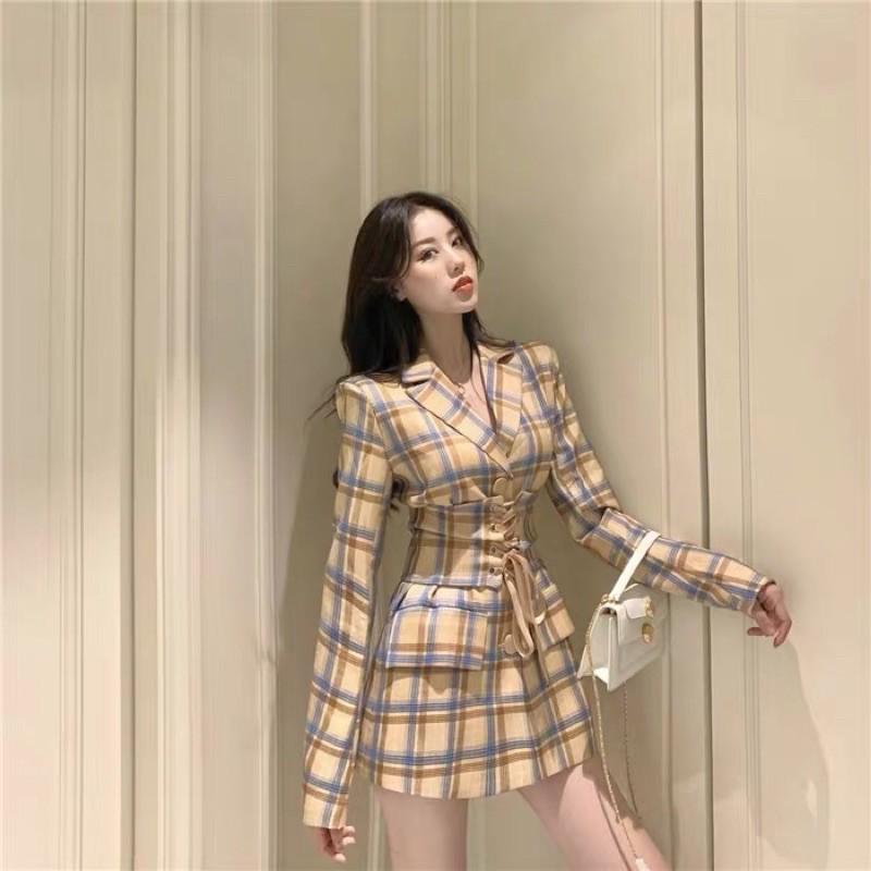 (order) VÁY BLAZER KẺ SỌC THẮT EO ULZZANG HÀN MẪU MỚI THU ĐÔNG