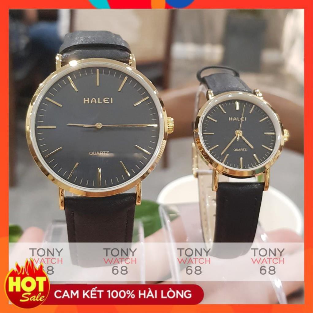 Cặp đồng hồ nam nữ Halei dây da số vạch mặt siêu mỏng mạ vàng chính hãng Tony Wacth 68
