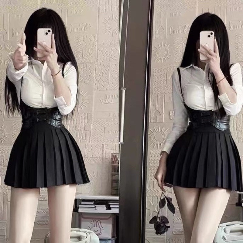 Đai váy corset có quai đeo gile ĐV035- Thắt lưng nịt eo bằng da đen phong cách steampunk cá tính Đai nịt áo váy cosplay