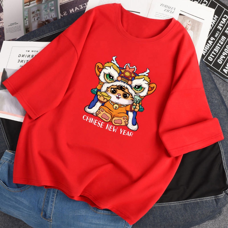 Áo thun ngắn tay in hình con hổ đỏ mừng năm mới thời trang xuân