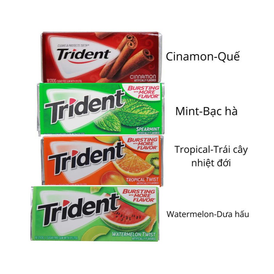 Kẹo Cao Su Không Đường Trident 14 Thanh - Mỹ/ Kẹo Gum Trident Mỹ Vị Quế,Dưa Hấu,Bạc Hà