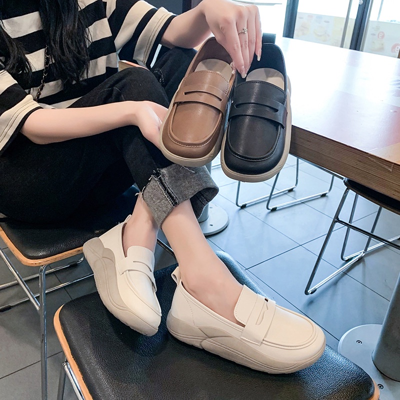 Giày lười da mềm IELGY mũi tròn phong cách thời trang Anh Quốc cho nữ