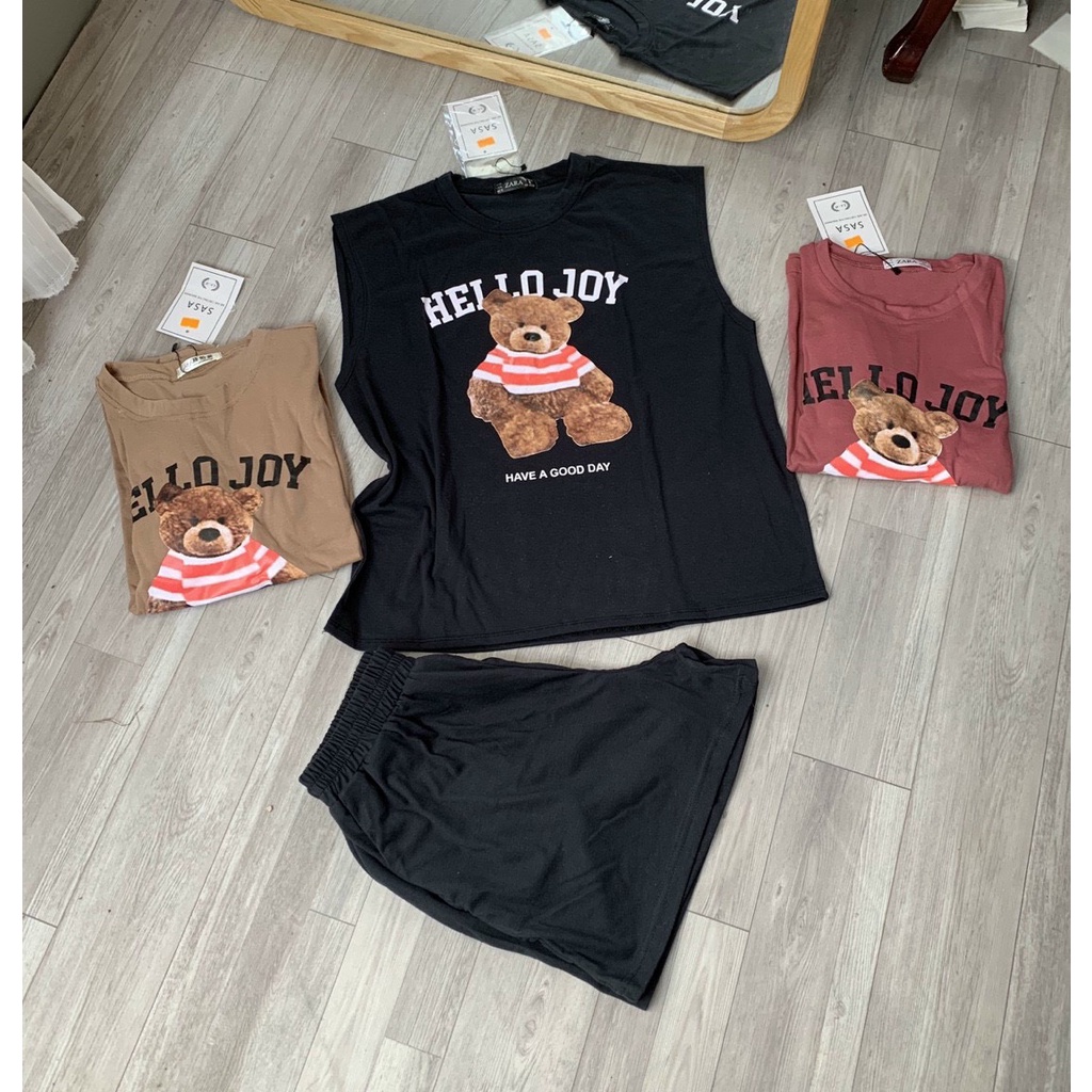 BỘ ÁO CỘC QUẦN SHORT NỮ Vải cotton mát hình gấu