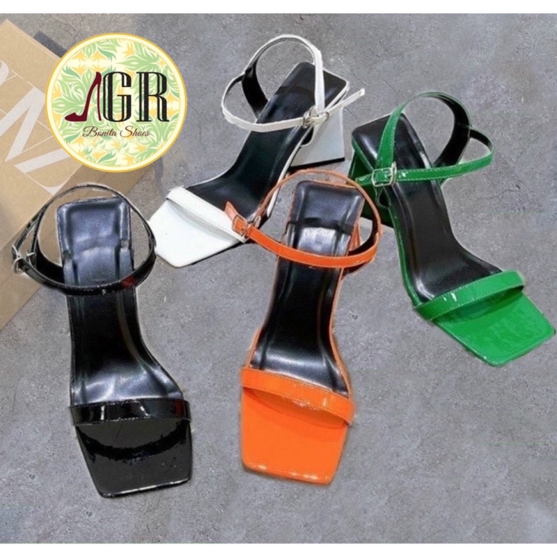 Sandal quai mảnh da bóng gót tam giác 10 cm