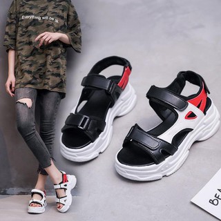 Sandal nữ, giày sandal học sinh nữ chất da mềm cao 5cm màu đen phối màu hottrend thích hợp cho những chuyến di chuyển xa