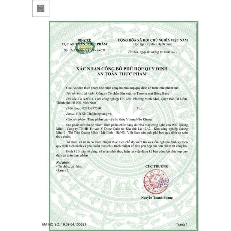 Vương Não Khang Tặng 1 Hộp tặng 1 bịch khẩu trang.