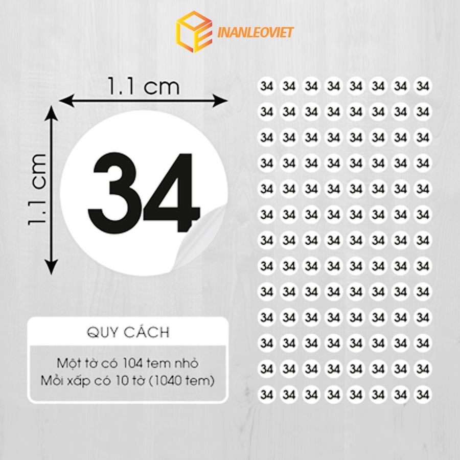 Nhãn Decal giấy In sẵn số Size 34 tới 43 kích thước 1.1cm chỉ cần gỡ và dán size quần, giày, dép 1 tờ 104 nhãn