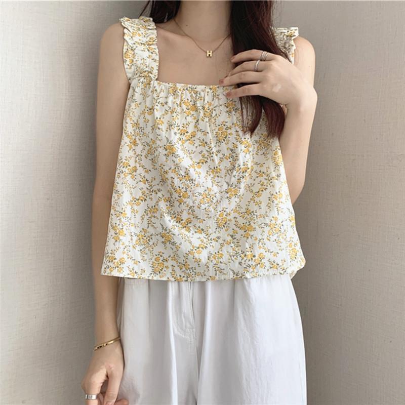 Áo Thun Không Tay Dáng Rộng Họa Tiết Hoa Xinh Xắn Cho Nữ