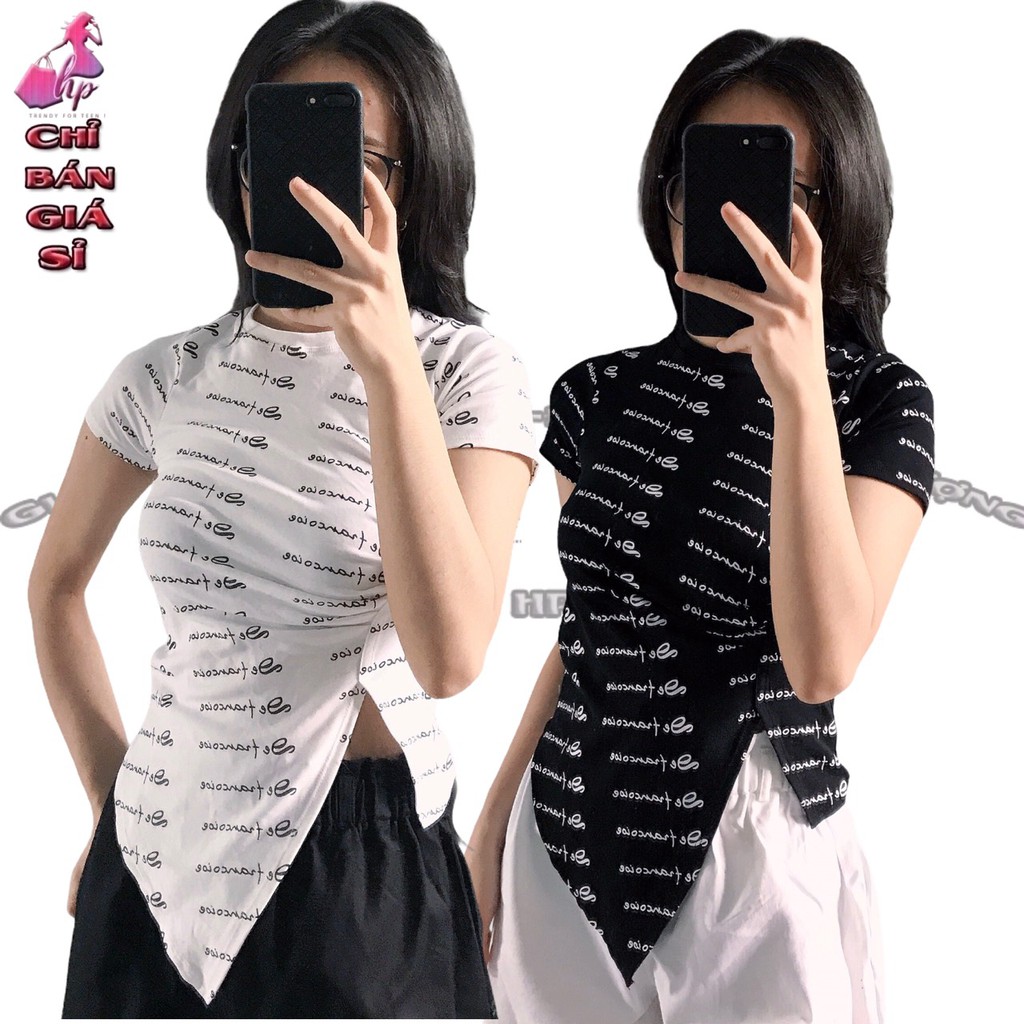Áo thun nữ kiểu ôm body tay ngắn cổ tròn tà bầu dài in xẻ tà hàn quốc cực dễ thương mẫu mới thời trang