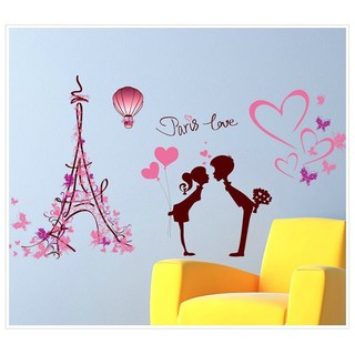 Decal dán tường Hoa Hồng và cặp đôi Paris