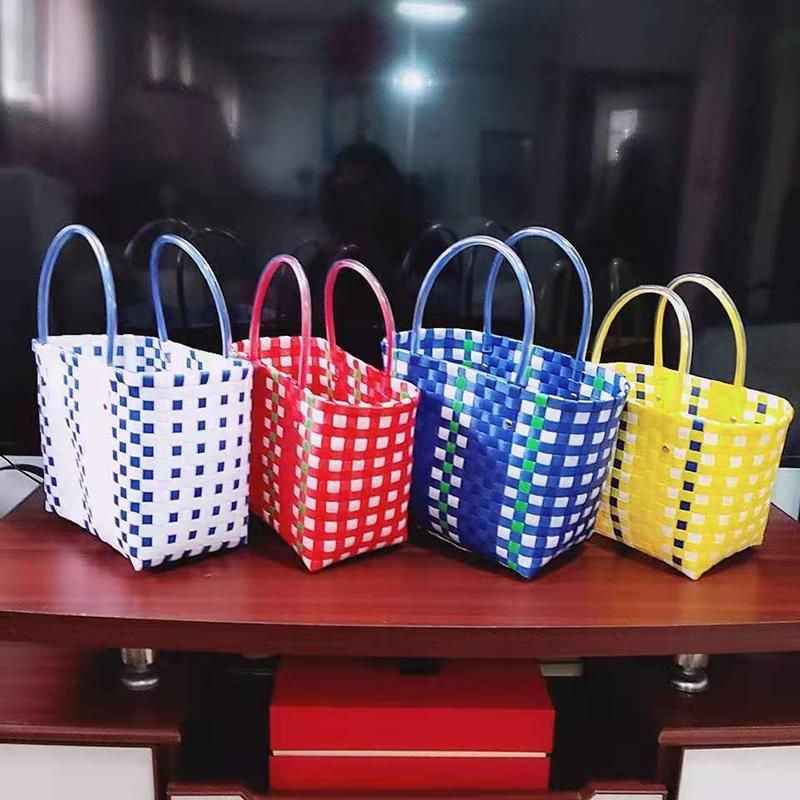 giỏ xách đan tay vuông cúc phối sọc nhiêù màu, làn đi chợ, túi handmade