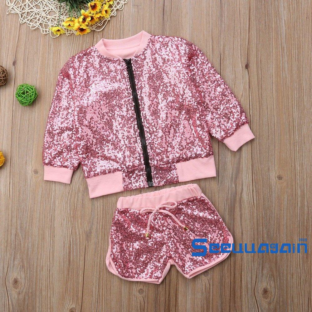 Set Áo Tay Dài+Quần Short Đính Kim Sa Cho Bé Gái