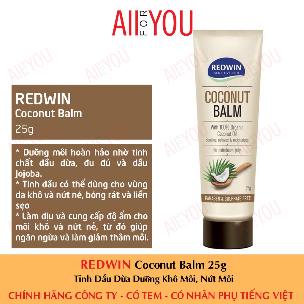 [CHÍNH HÃNG CÓ TEM] REDWIN Coconut Balm 25gr - Tinh Dầu Dừa Dưỡng Khô Môi, Nứt Môi.