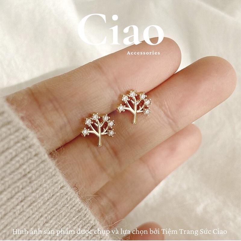 [HỎA TỐC 1H] Khuyên tai/ Bông tai mạ bạc S925 thiết kế hình cây đính đá phong cách Lucky Tree Ciao