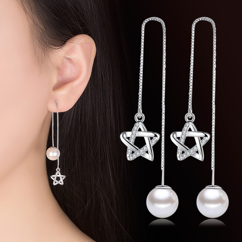 AIFEI♥ Silver 925 Original Pentagram Small Star Simple Pearl Front and Back Hanging Ear Chain Female Tassel Exaggerated Personality Pearl Long Ear Line-S1