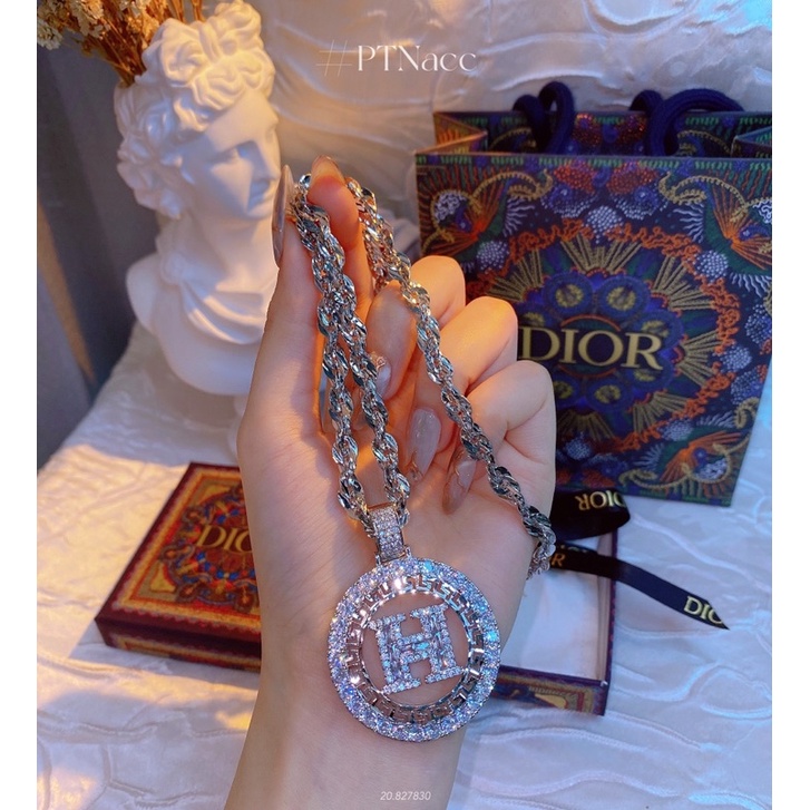 Dây chuyền xoắn xi bạch kim phối mặt chữ H full đá paguet cao cấp . PTNACC