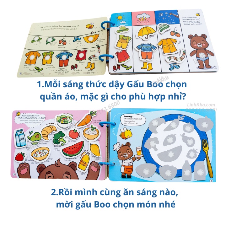 Học Liệu Bóc Dán Montessori Song Ngữ Anh Việt Beezi Book - Một Ngày Của Gấu Boo - Hiệu Lalala Baby
