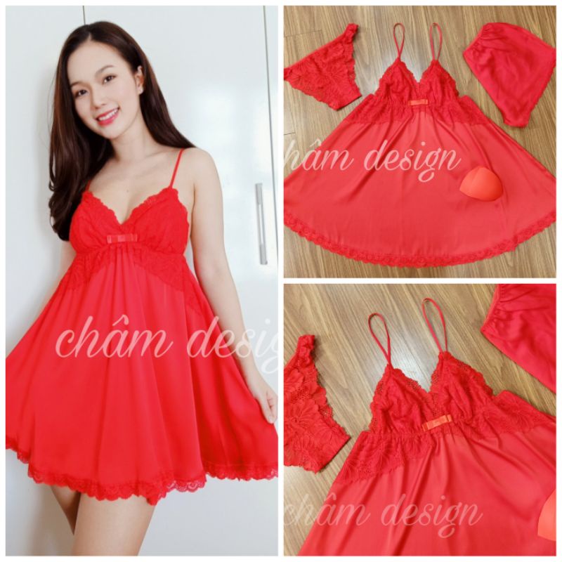 váy ngủ lụa đỏ ốp ren chân ngực hàng thiết kế độc quyền tại shop
