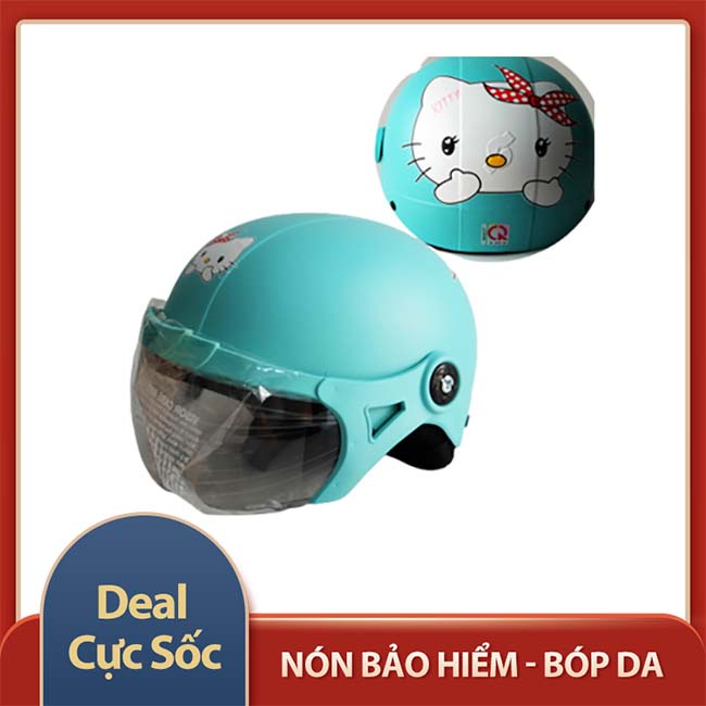 MŨ BẢO HIỂM TRẺ EM NÓN SƠN CÓ KÍNH CHO BÉ 4-8 TUỔI HOẠ TIẾT HELLO KITY MÀU XANh NGỌC NHƯ HÌNH-ĐẠT CHUẨN CR