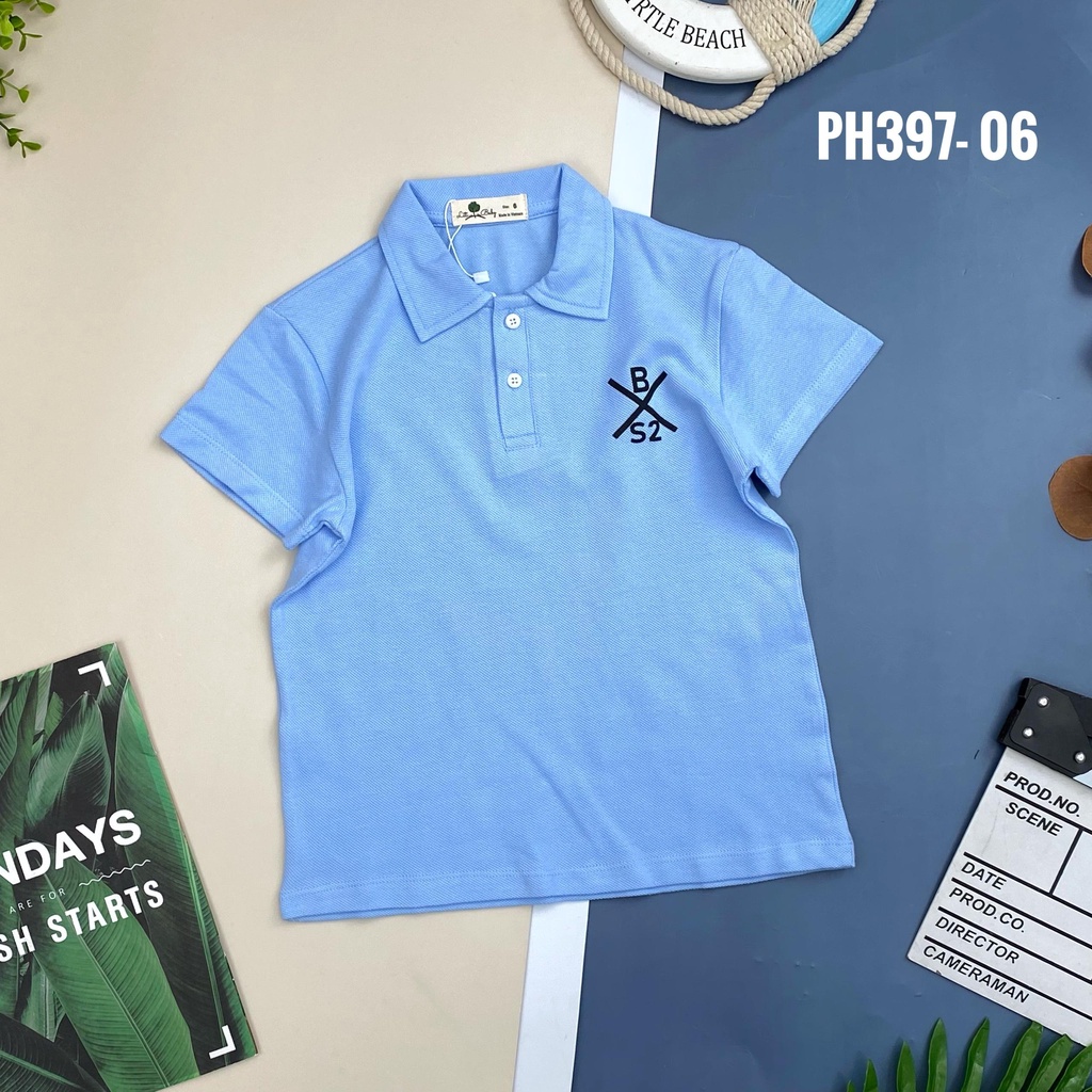Áo phông có cổ bé trai LITIBABY, thêu chữ BS2, size 6/14T