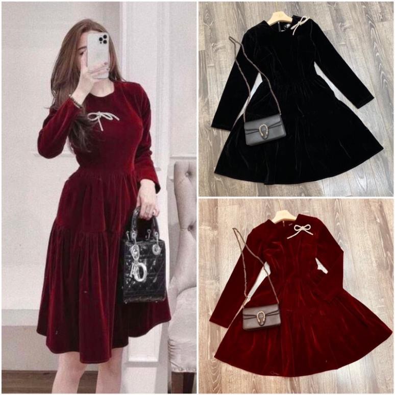 Bán sỉ váy nhung xòe kèm nơ tag đá