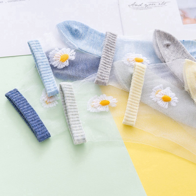 Set 10 Đôi Vớ Trong Suốt Siêu Mỏng Họa Tiết Hoa Cúc Phong Cách Hàn Quốc Cho Nữ