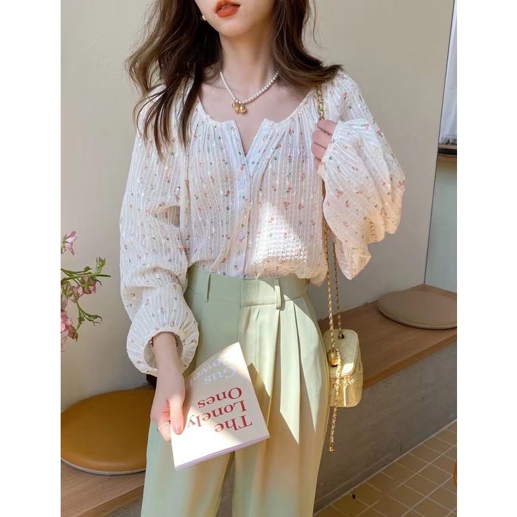 Áo Nữ Tay Dài Họa Tiết Hoa Thời Trang Phong Cách Hàn Quốc