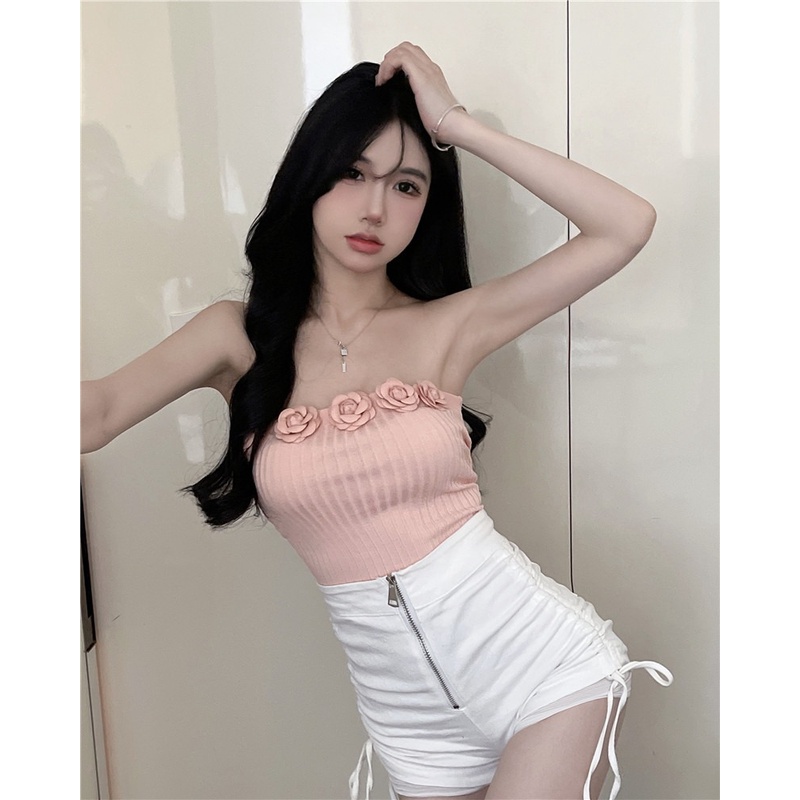 Áo croptop ZHELIHANGFEI dệt kim không dây ôm dáng họa tiết hoa nhỏ ba chiều dành cho nữ