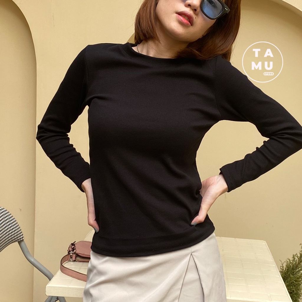 Áo thun tay dài nữ trơn kiểu dàng basic chất liệu thun gân màu sắc trắng đen đỏ - AT02
