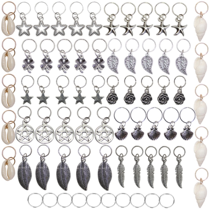 Set 70 Nhẫn Bện Tóc Hình Vỏ Sò Màu Bạc Phong Cách Gothic Punk Cổ Điển DIY