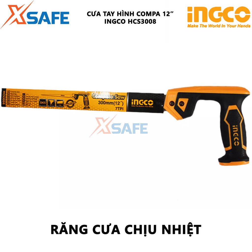 Cưa tay hình compa INGCO HCS3008 Cưa tay size 12&quot;/300mm, chất liệu Taiwan SK5, 7 răng cưa/inch, răng cưa chịu nhiệt tốt