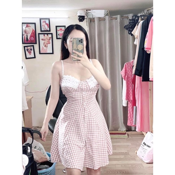 Đầm 2 dây cúp ngực caro xoè nút dài